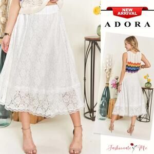 ADORA Elastic Waistband Floral Pattern Lace Design Lining Midi Skirt | Ivory